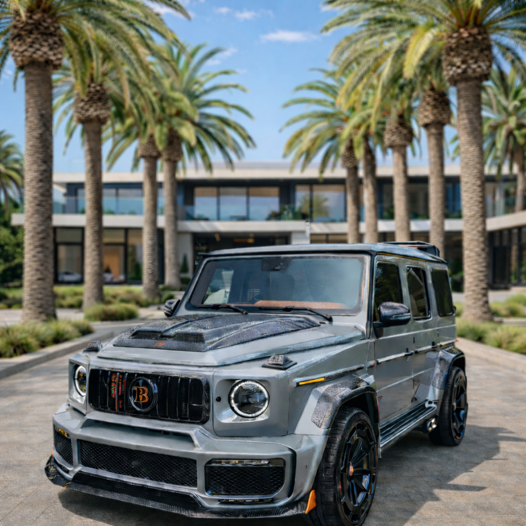 Brabus Mercedes-G Class vehicle positioned in front of a luxury mansion, showcasing Muber Moving’s service