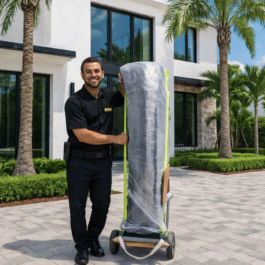 Muber Moving professional in uniform carefully transports a wrapped piece of furniture with a hand