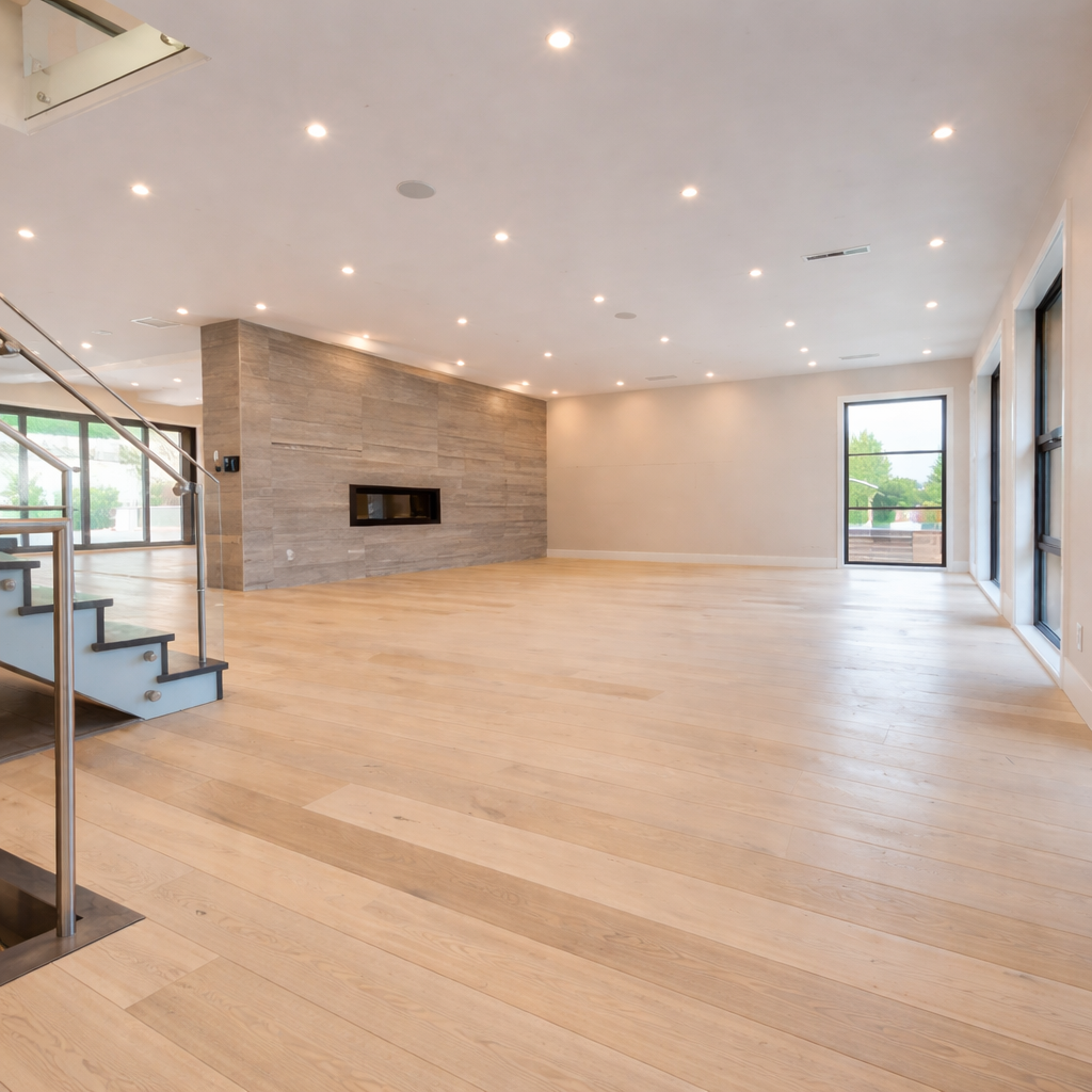 Modern living room interior showcasing a floating staircase, indicative of the high-end estates Muber Moving